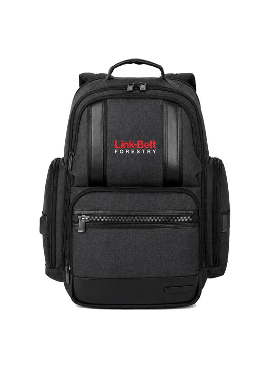 A black Link Belt Forestry backpack shown from the front on a plain white background. The backpack features a heathered black fabric body with black webbing straps, a top carry handle, side pockets, and a red and white logo on the upper front.