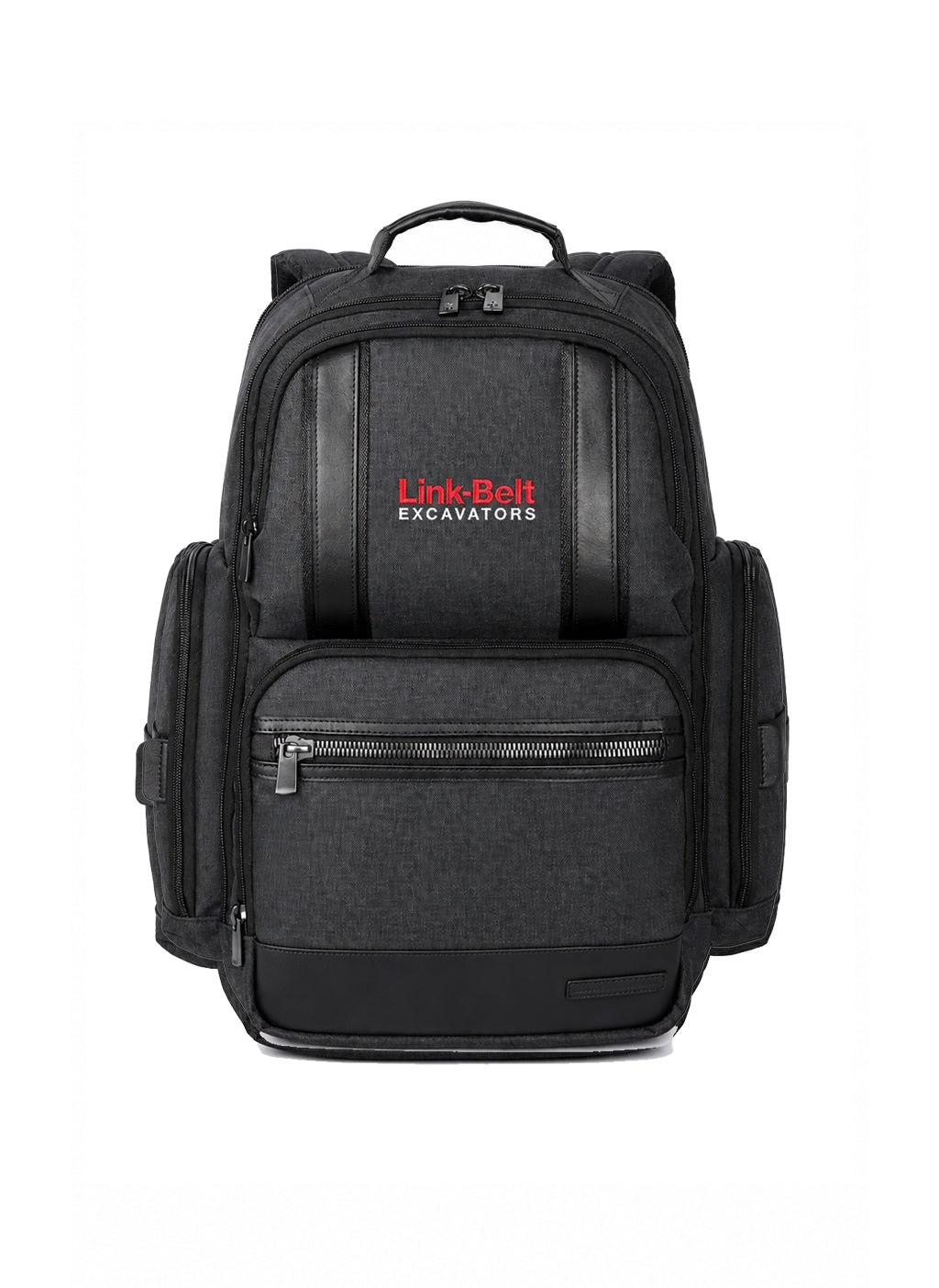 A black LinkBelt Excavators backpack shown from the front on a plain white background. The backpack features a heathered black fabric body with black leatherette side panels and a red and white logo on the upper front pocket.