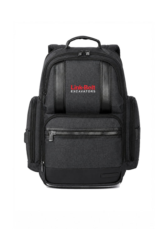 A black LinkBelt Excavators backpack shown from the front on a plain white background. The backpack features a heathered black fabric body with black leatherette side panels and a red and white logo on the upper front pocket.