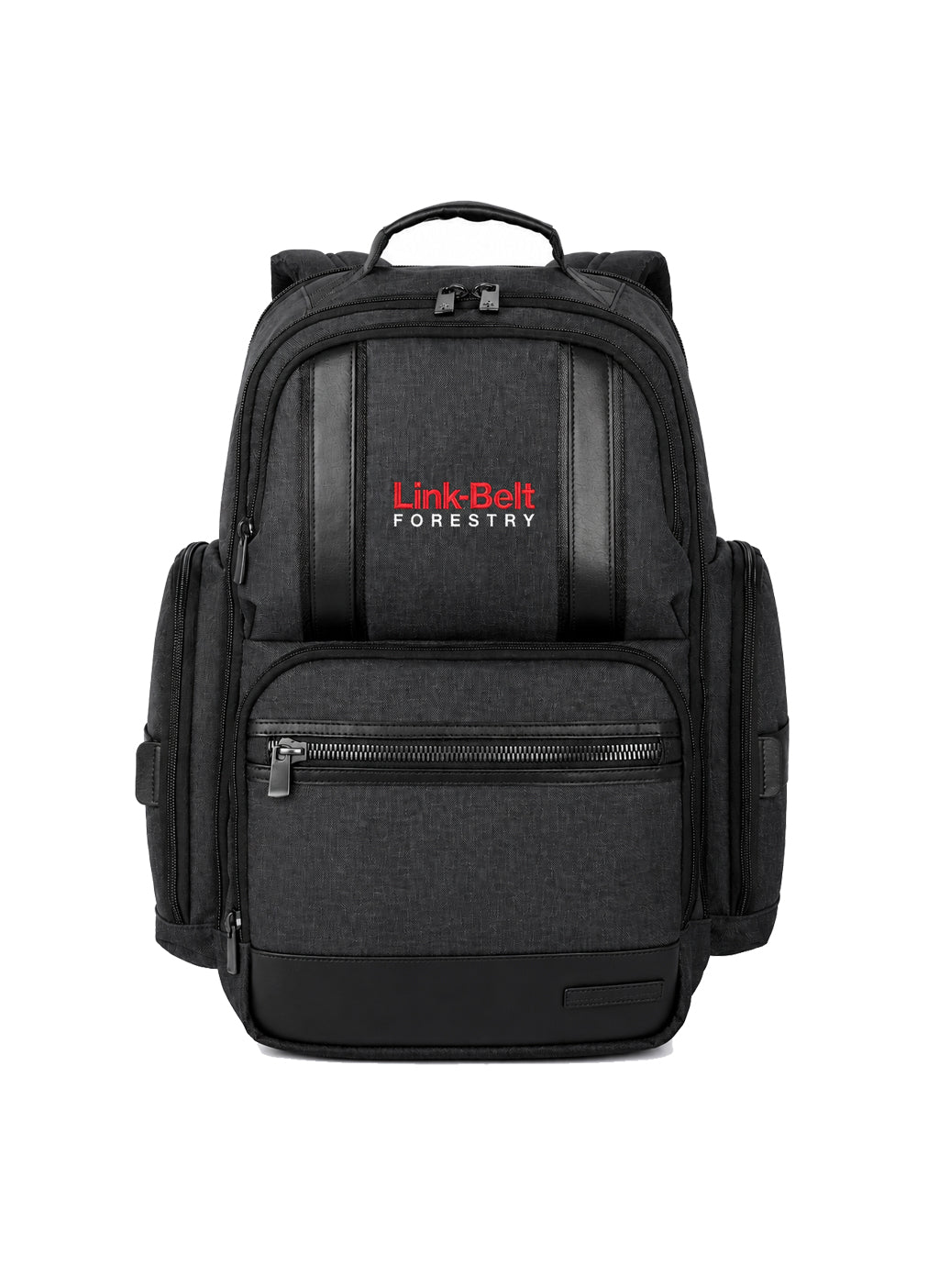 A black Link Belt Forestry backpack shown from the front on a plain white background. The backpack features a heathered black fabric body with black webbing straps, a top carry handle, side pockets, and a red and white logo on the upper front.