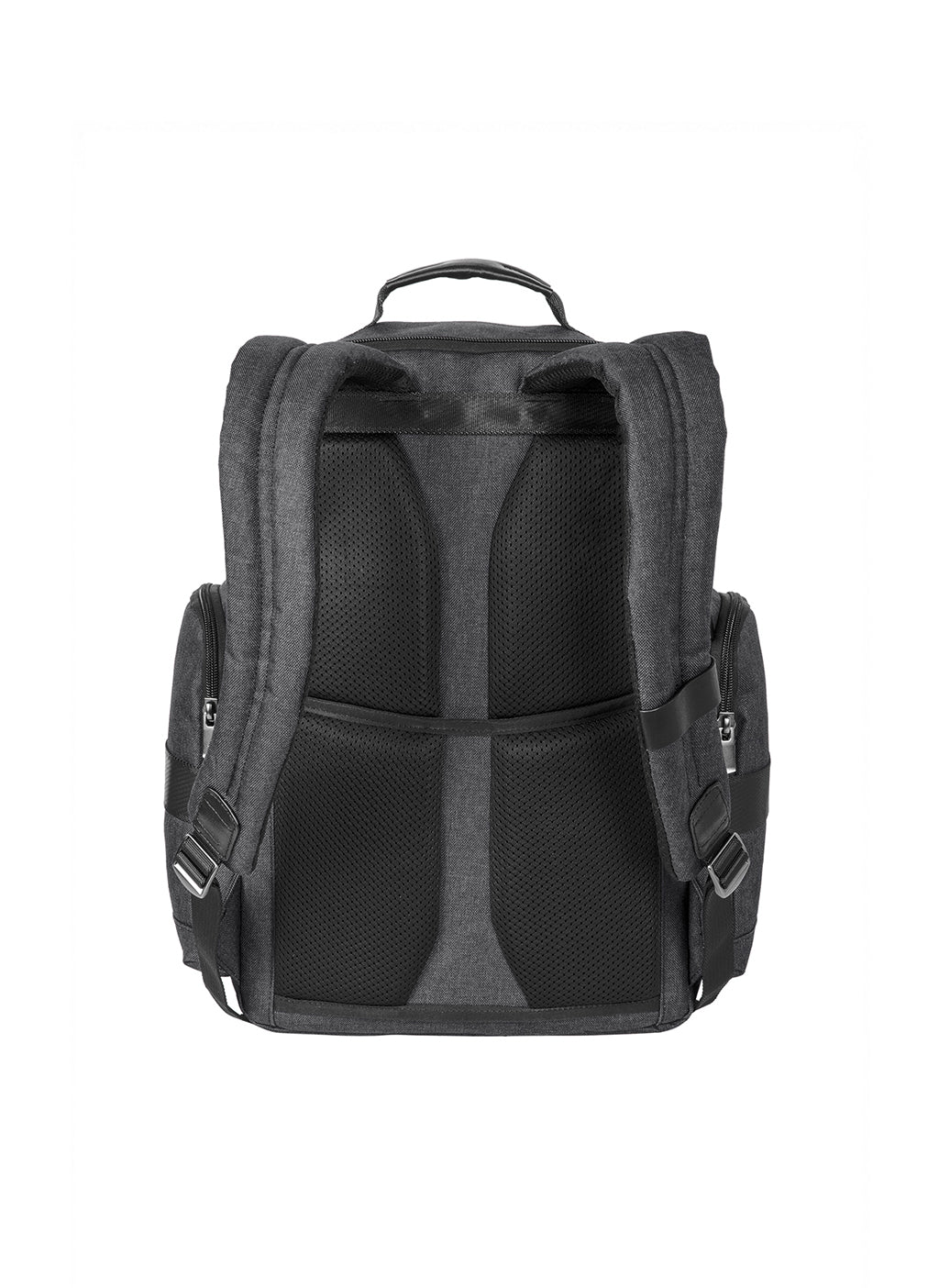 The back view of a dark gray and black backpack, showing padded mesh back panels, side pockets, and a top carry handle, isolated on a white background.
