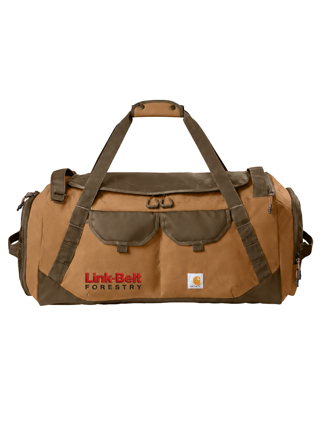 A tan and olive brown duffel bag with multiple utility pockets, top handles, and a visible Carhartt logo patch on the front, photographed against a plain white background.