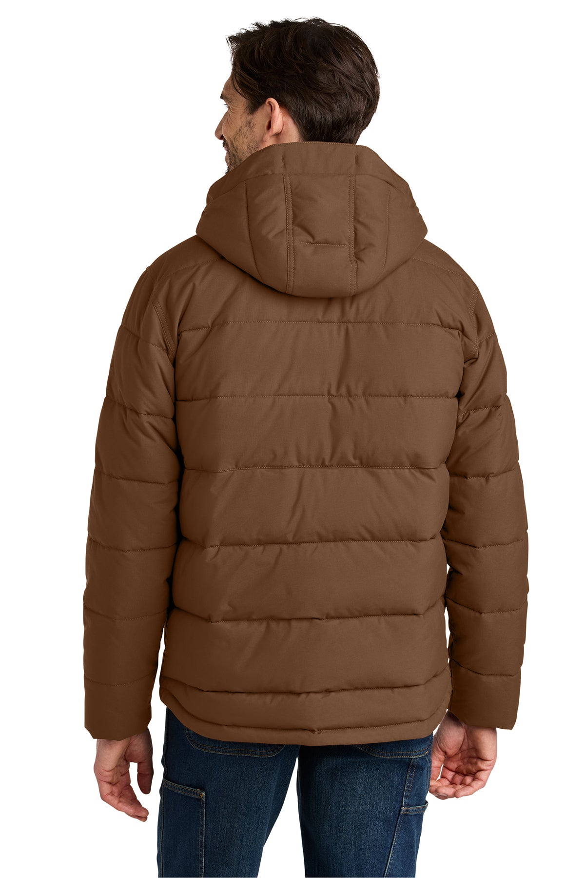 Brown puffer jacket worn by a person on a white background