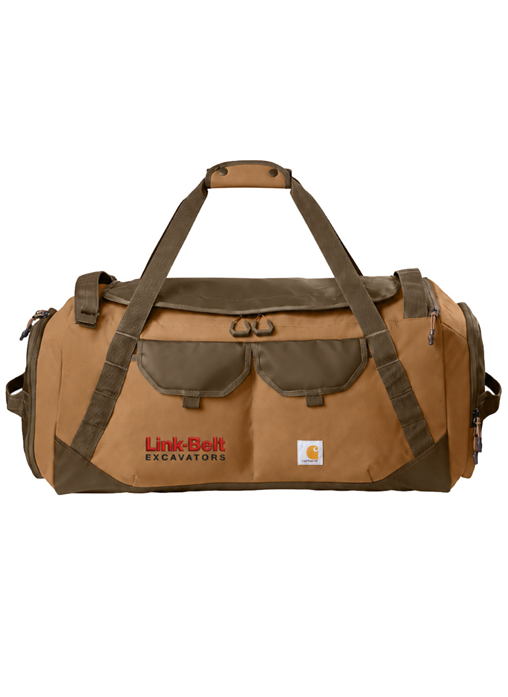 A tan and dark brown duffel bag with multiple utility pockets and straps, featuring the 'Link-Belt Excavators' logo and a Carhartt brand patch on the front, set against a plain white background.