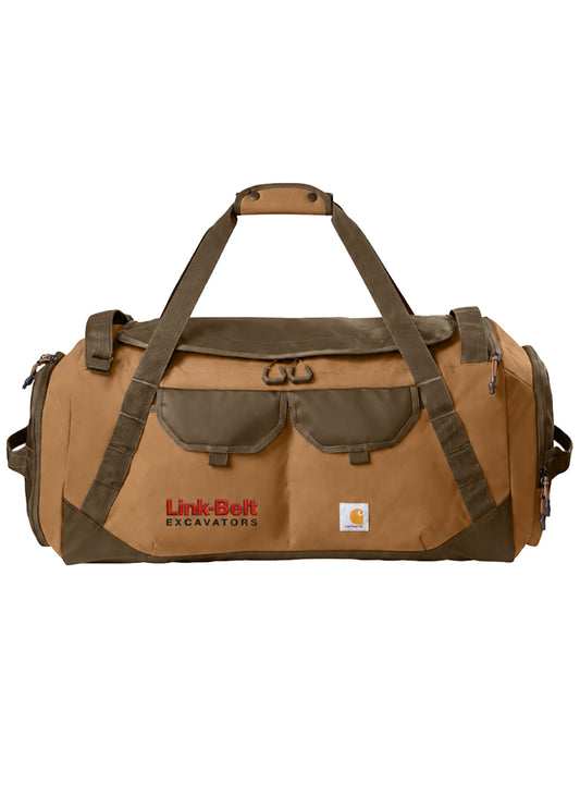 A tan and dark brown duffel bag with multiple utility pockets and straps, featuring the 'Link-Belt Excavators' logo and a Carhartt brand patch on the front, set against a plain white background.