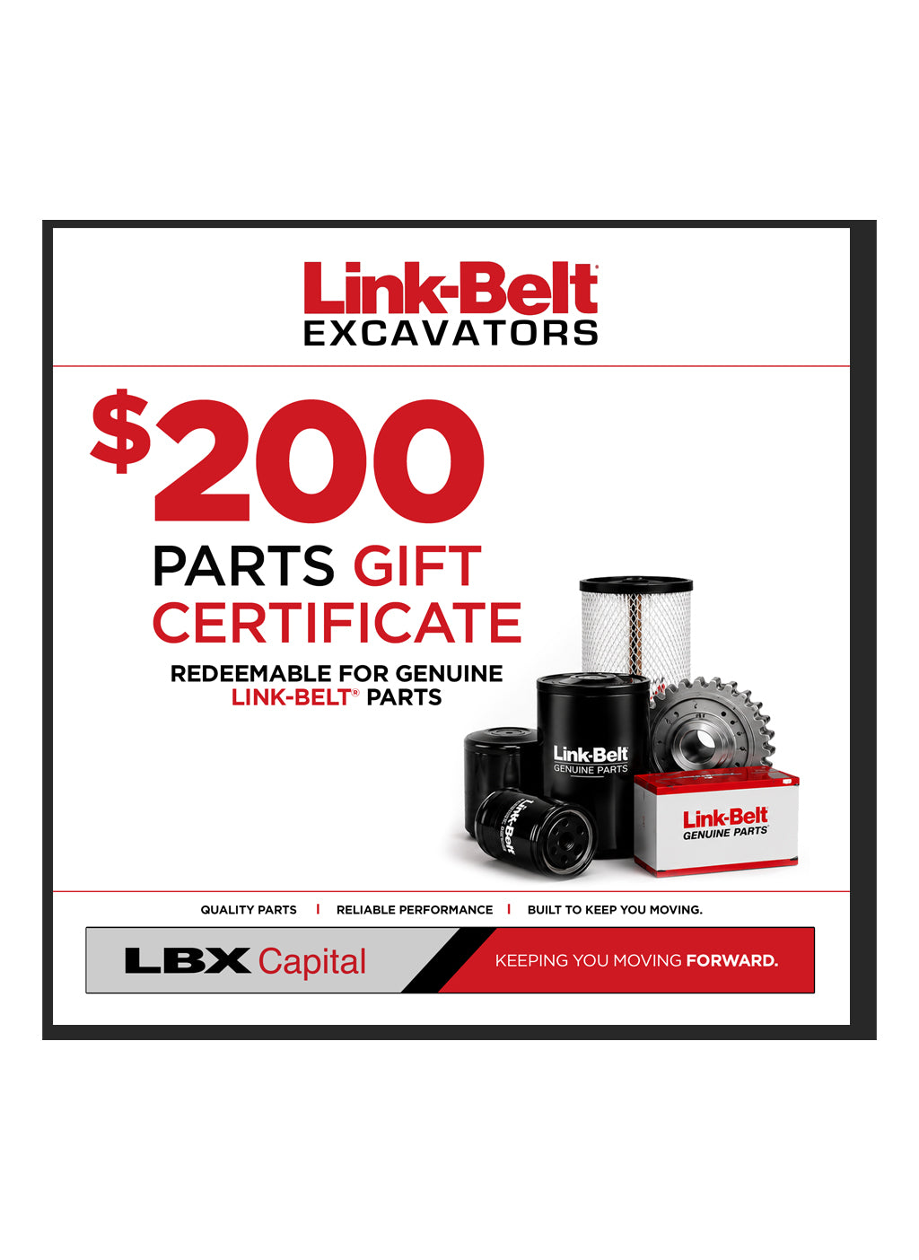 A promotional coupon for Link-Belt Excavators offering a $200 parts gift certificate, featuring images of Link-Belt engine parts and a LBX Capital logo at the bottom.