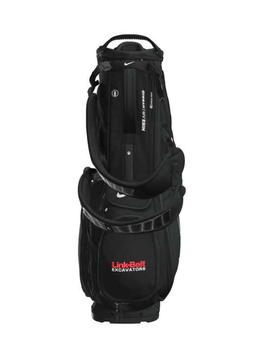 A black golf cart bag with multiple compartments, featuring a white Nike swoosh and a red and white Link-Ball Excavators logo on the front pocket, set against a plain white background.