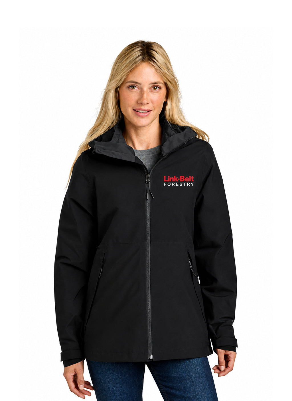 A woman wearing a black hooded jacket with a gray inner collar and a red and white 'LINK-BELT FORESTY' logo on the left chest, paired with a gray shirt and blue jeans, against a plain white background.