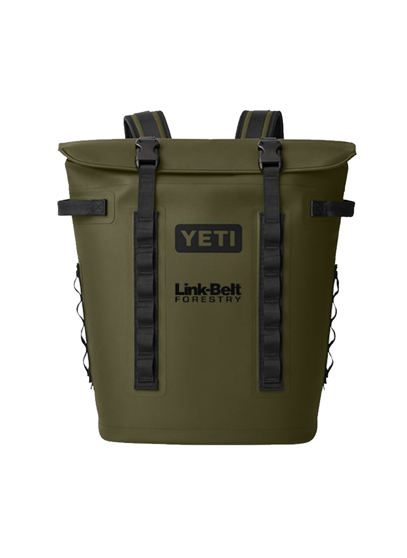 An olive green YETI backpack with black straps and buckles, featuring the YETI and Link Belt Forestry logos on the front, set against a plain white background.