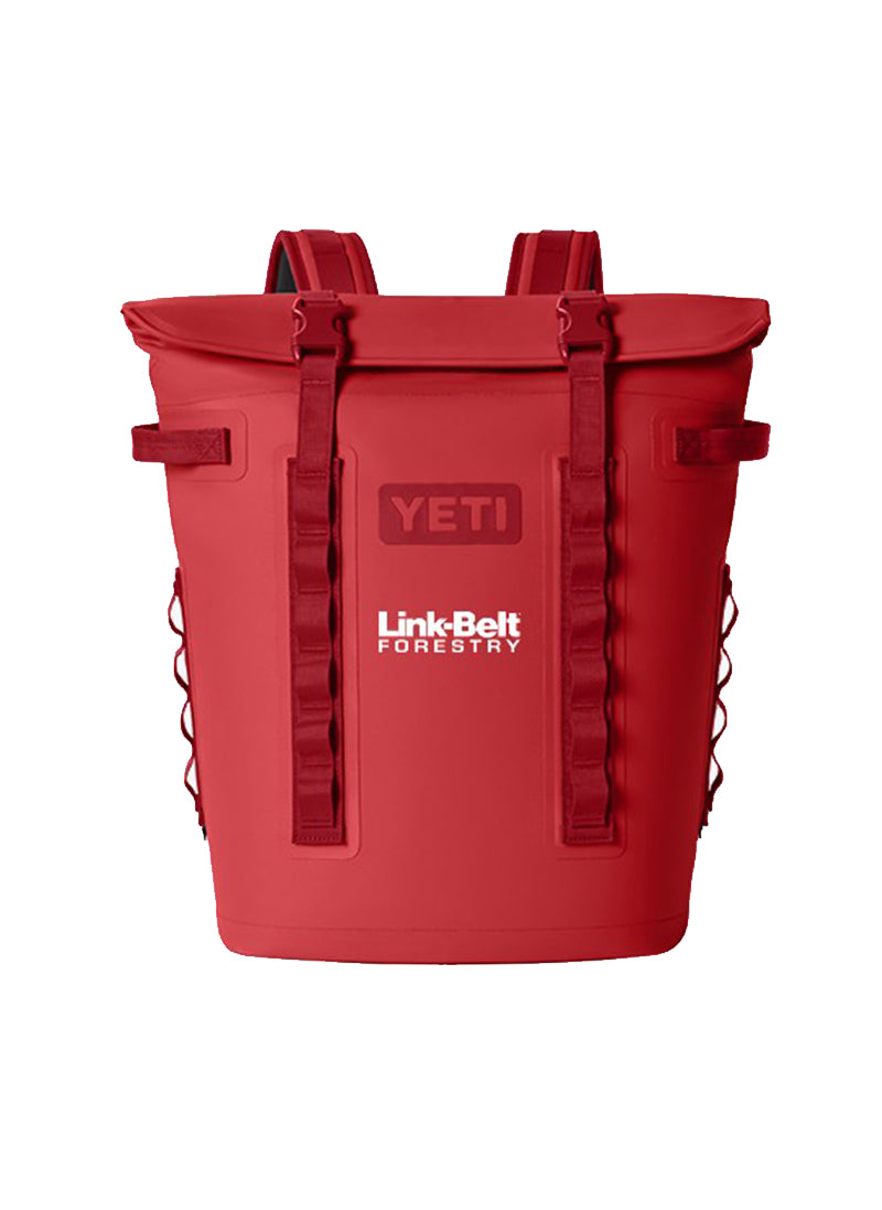 A red YETI Link Belt Forestry cooler backpack shown from the front against a plain white background.